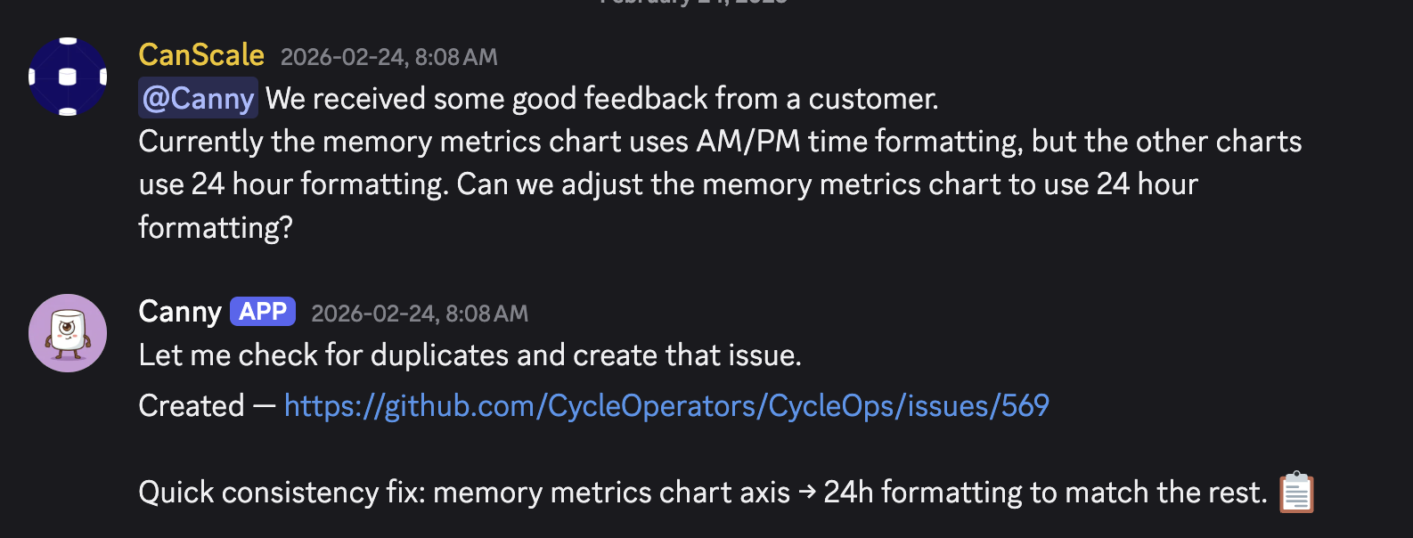 A customer reports a UI inconsistency in Discord. The Assistant bot deduplicates and creates a GitHub issue automatically.